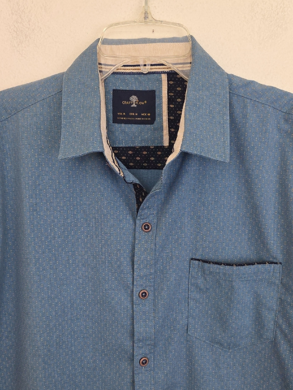 Craft + Flow Blue w/Double Yellow Dots Short Sleeve Cotton Blend Button Shirt M